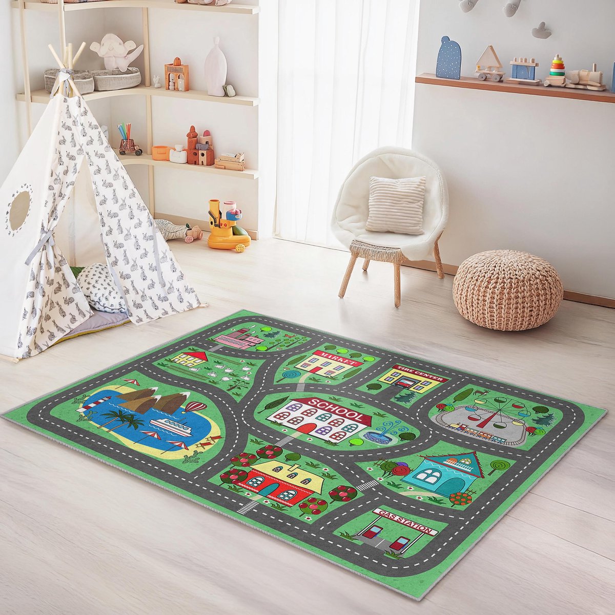 Mila Home Verkeersstad - Kindertapijt Vloerkleed voor Kinderkamer - Educatief - Wasbaar - Antislip - OEKO-TEX Gecertificeerd - Groen Grijs - 160x230 cm - (309 6)