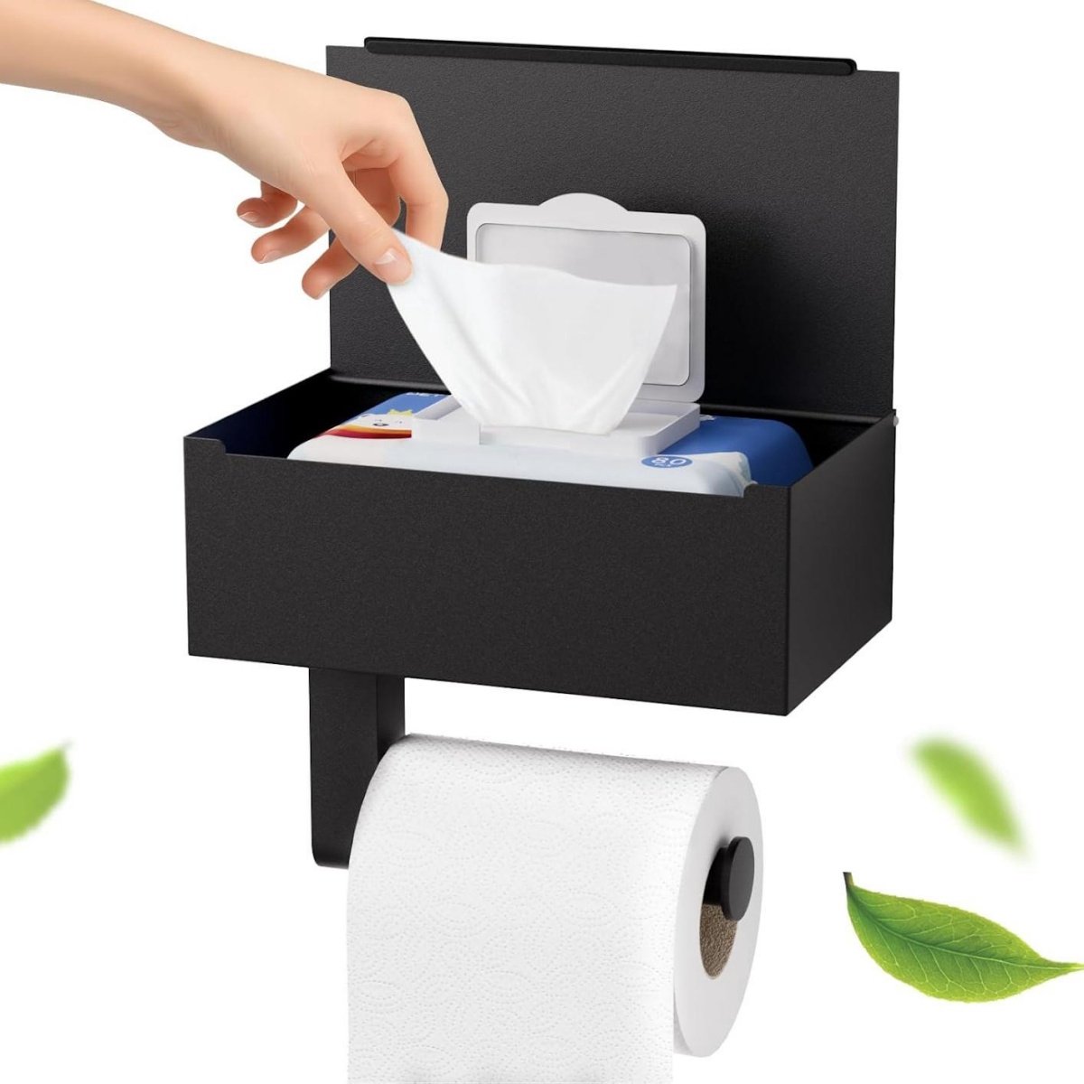 GELLDG Zwarte toiletpapierhouder - Geen boren nodig - Met houder voor vochtige doekjes - Met plankje - Geschikt voor gebruik in de badkamer - Zelfklevend of met boormachine te bevestigen - 20,4 cm × 12 cm × 7,3 cm