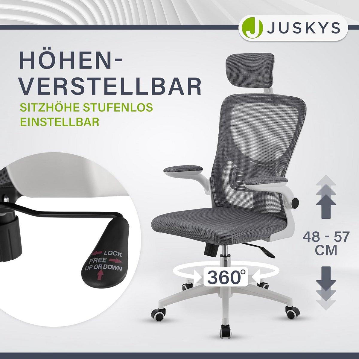 Ergonomische Bureaustoel met Wielen en Armleuningen - Verstelbaar en Draaibaar - Grijs thumbnail 6