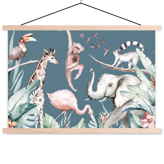 Posterhanger incl. Poster 150x100 cm - Schoolplaat - Waterverf - Dieren - Jungle - Aap - Jongens - Blauw - Kinderen - Kids - Textielposter - Blanke latten