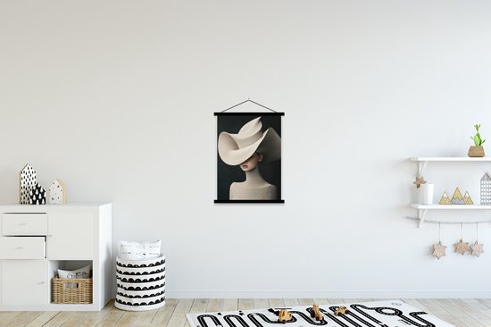 Posterhanger incl. Poster 60x80 cm - Schoolplaat - Vrouw - Golvende - Hoed - Textielposter - Zwarte latten