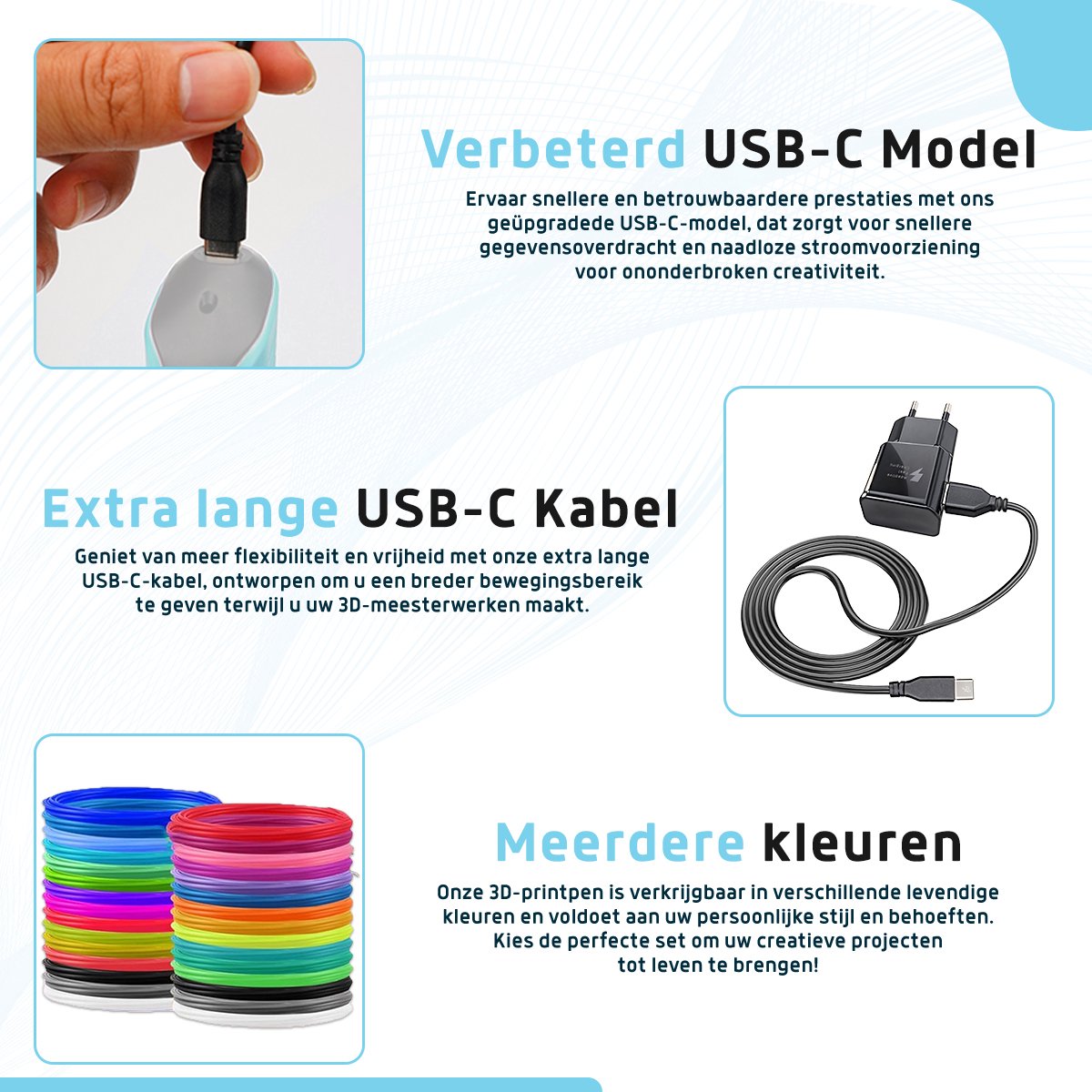 Fleau Kids 3D Pen Starterspakket Blauw L - 36m Filament - 12 Kleuren Vullingen + Vele Extra's - 2025 USB-C Model - Knutselen en Tekenen - 3D Printen - Tekenset — afbeelding 2