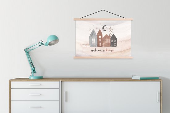 Porte-affiche avec affiche - Affiche scolaire - 'Bienvenue à la maison' - Lune - Proverbes - Citations - 90x60 cm - Lattes vierges