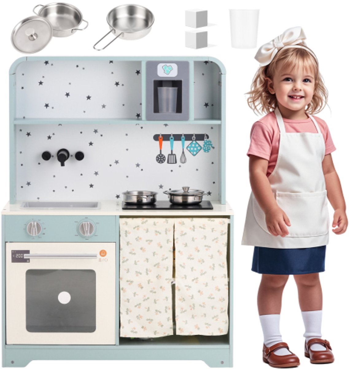 Kinderkeuken, speelkeuken met ijsmachine en magnetron, accessoires en verrassingseffecten, een uitstekend cadeau voor kinderen vanaf 3 jaar, hout + kunststof, blauw, 29x60x81cm