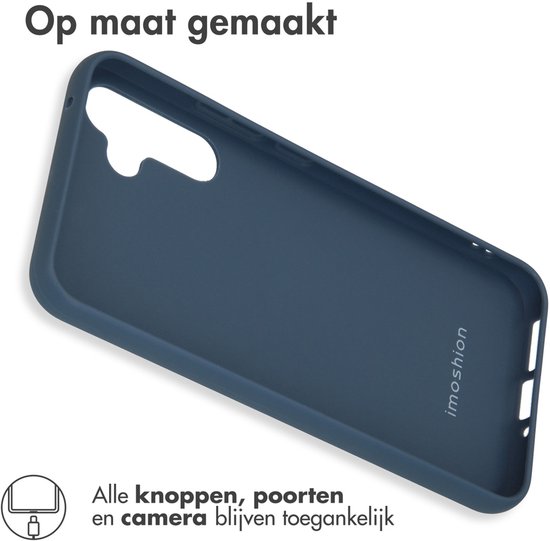 Donkerblauwe telefoonhoes, binnenkant, met 'imoshion' logo. "Op maat gemaakt".