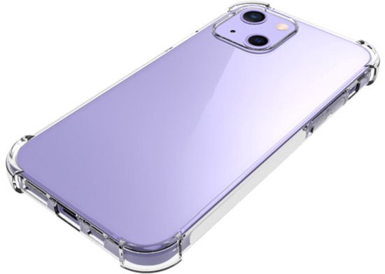 Paarse iPhone 13 Mini met transparante, schokbestendige hoes, vanuit een hoek.