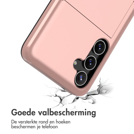 Roze telefoonhoesje met versterkte randen en hoeken op gebarsten ondergrond. "Goede valbescherming".