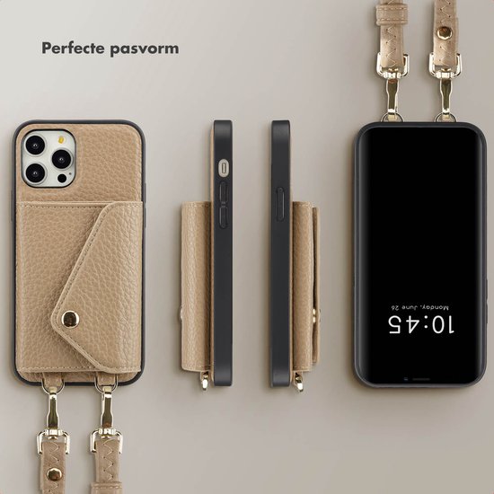 Drie weergaven van een beige telefoonhoesje met pashouder en verwijderbaar koord.