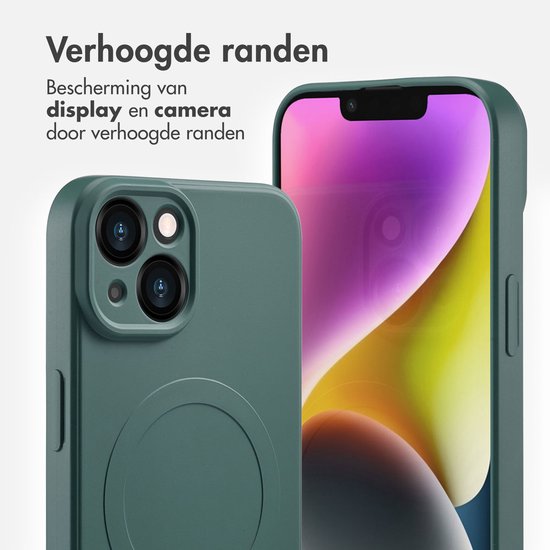 Donkergroen telefoonhoesje met verhoogde randen voor bescherming van display en camera.