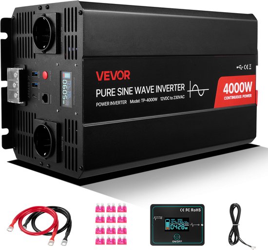 VEVOR 4000W Omvormer, 12V DC naar 230V AC, Zuivere Sinusomvormer, met LCD-scherm, Afstandsbediening, 2 USB-poorten, 2 Stopcontacten, Type-C-connector, voor Campers, Vrachtwagens en