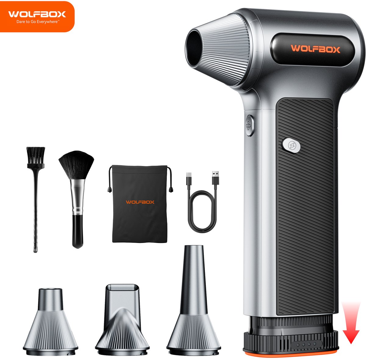 WOLFBOX MF200 Air Duster Draadloos - Perslucht - luchtblazer - 3 snelheden - Verwijderbare accu en 4 mondstukken - Stofzuiger - Turboventilator - voor computertoetsenbord, autoreiniging, thuis en buitenshuis