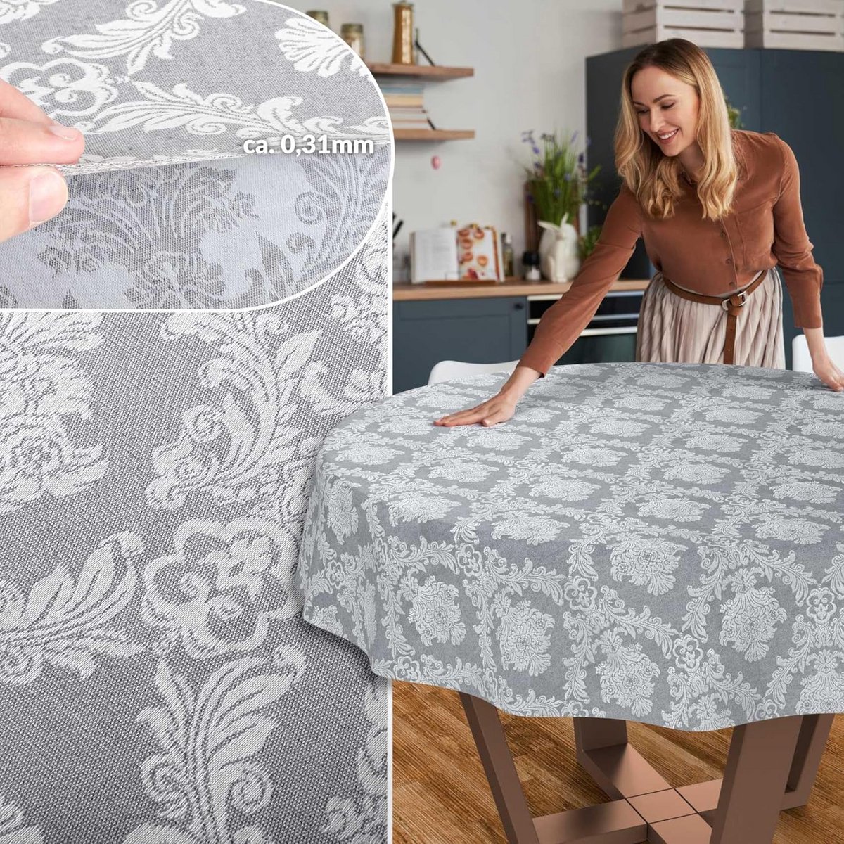 Ronde Stoffen Tafelkleed 140 cm - Waterafstotend Katoen Polyester - Grijs Barok