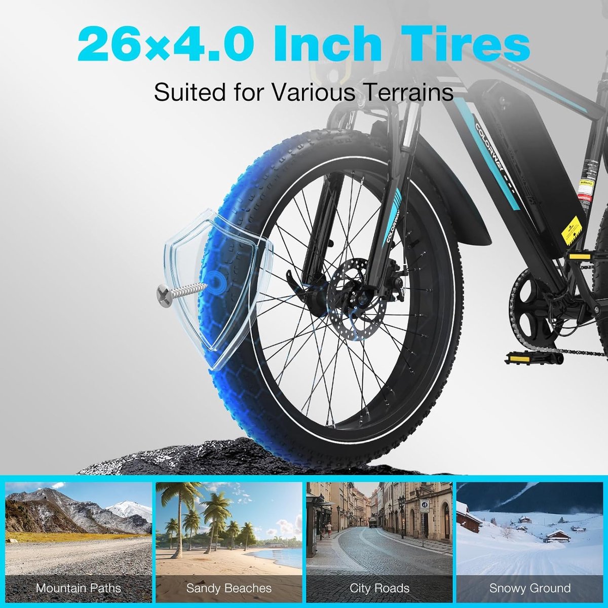 COLORWAY Elektrische Fiets BK15 - 26*4.0 Inch Mountain EBike met Afneembare 48V 15Ah Lithium Batterij - City Commuter E-Bike met 250W Motor - 7 Versnellingen - IP54 Waterdicht – foto 6