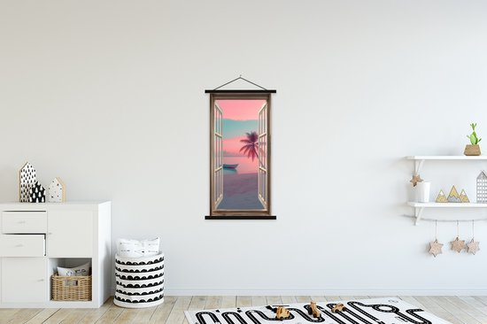 Posterhanger incl. Poster 60x120 cm - Schoolplaat - Doorkijk - Strand - Palmboom - Tropisch - Textielposter - Zwarte latten