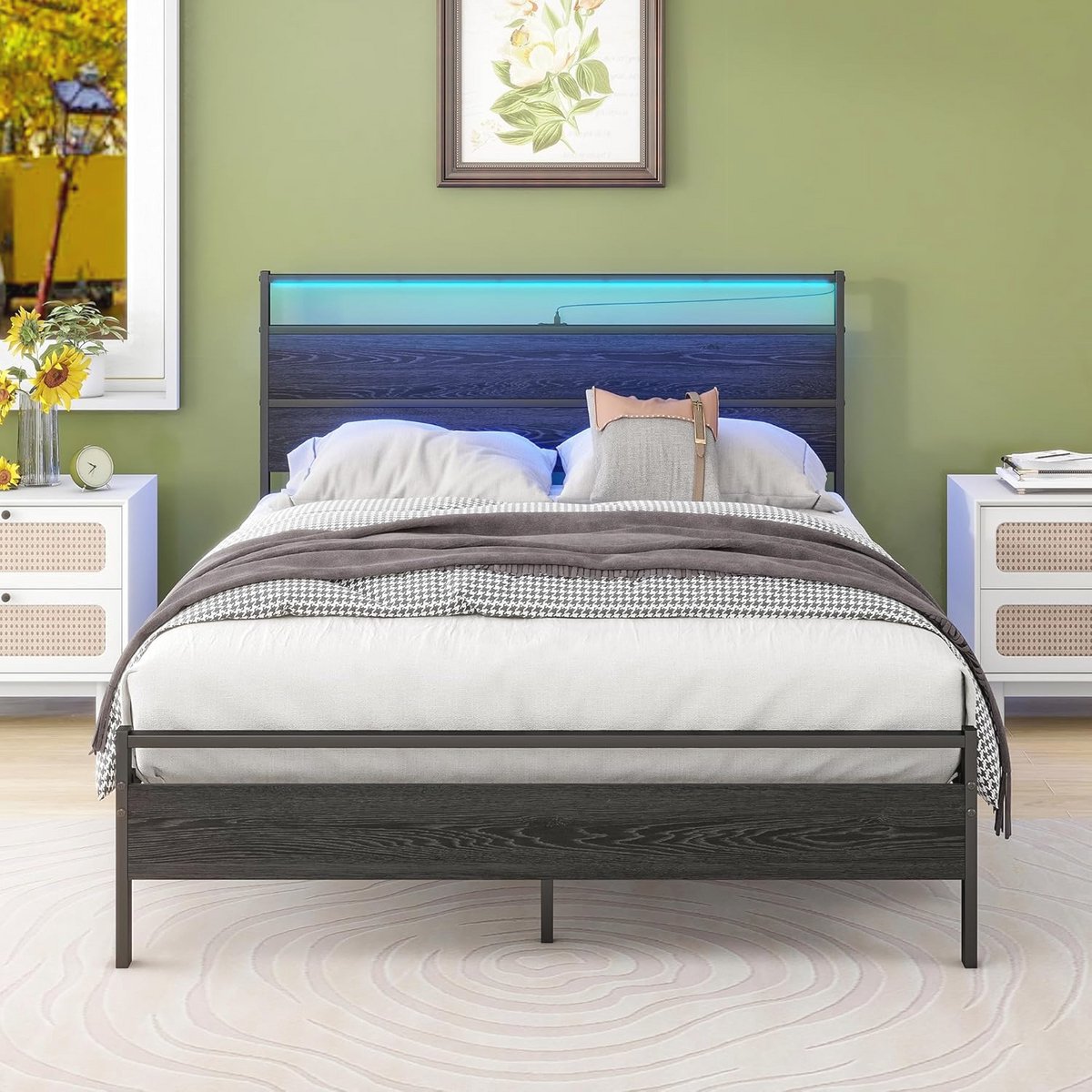 Dubbel Bedframe Met Hoofdbord en LED-Verlichting - 4ft6 Metalen Houten Tweepersoonsbed met Oplaadstation en Onderbedopslag