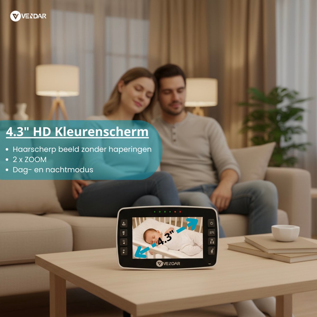 Vendar® Babyfoon PRO - Babyfoon met camera - Nachtzicht & Zoom - Op afstand bestuurbaar - Video & Audio - ECO Mode - Baby monitor 4.3 Inch – foto 6