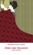 Boekomslag Pride and Prejudice van Jane Austen met illustratie van twee vrouwen en bordeauxrode patronen.
