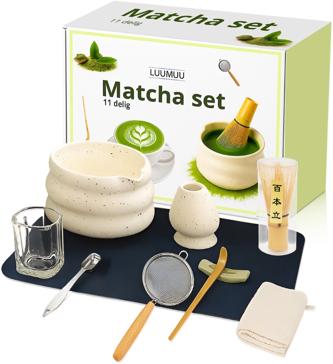Luumuu® Matcha Set 10-Delig - Matcha Kom - Klopper - Bamboo Whisk - Thee Poeder Accessoires - Bamboe Borstel - Starterkit - Ceremonial Grade Kit - Incl. Ebook