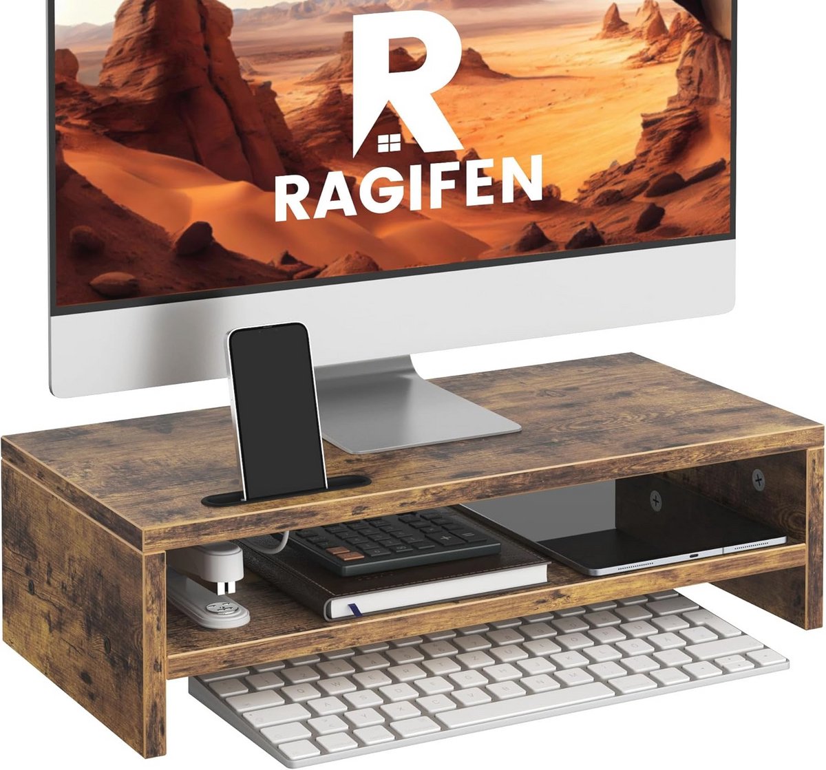 Antislip Houten Monitorstandaard voor Bureau met Telefoonsleuf - Stevige Laptopverhoger met Opbergplanken