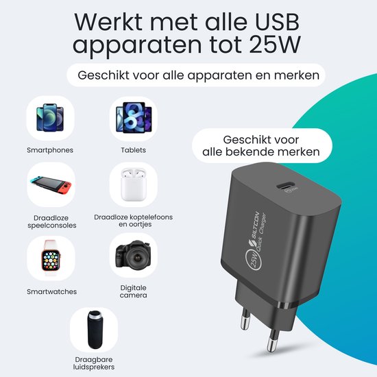 Adaptateur USB C Siltcon® 25 W - Chargeur rapide USB C - Chargeur USB C - Convient pour chargeur Samsung - Universel, entre autres Téléphones et Tablettes - Câble USB-C de 2 mètres inclus