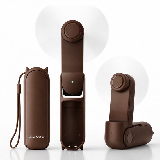 Mini handventilator bruin oplaadbaar met powerbank, draadloos, 2 snelheden, compact tafelmodel, veilig & stil