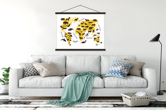 Décoration murale - Carte du Wereldkaart - Animaux - Jaune - Affiche scolaire - 120x90 cm