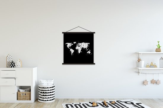 Décoration murale - Carte du Wereldkaart - Marbre - Zwart - Wit - Affiche scolaire - 60x60 cm
