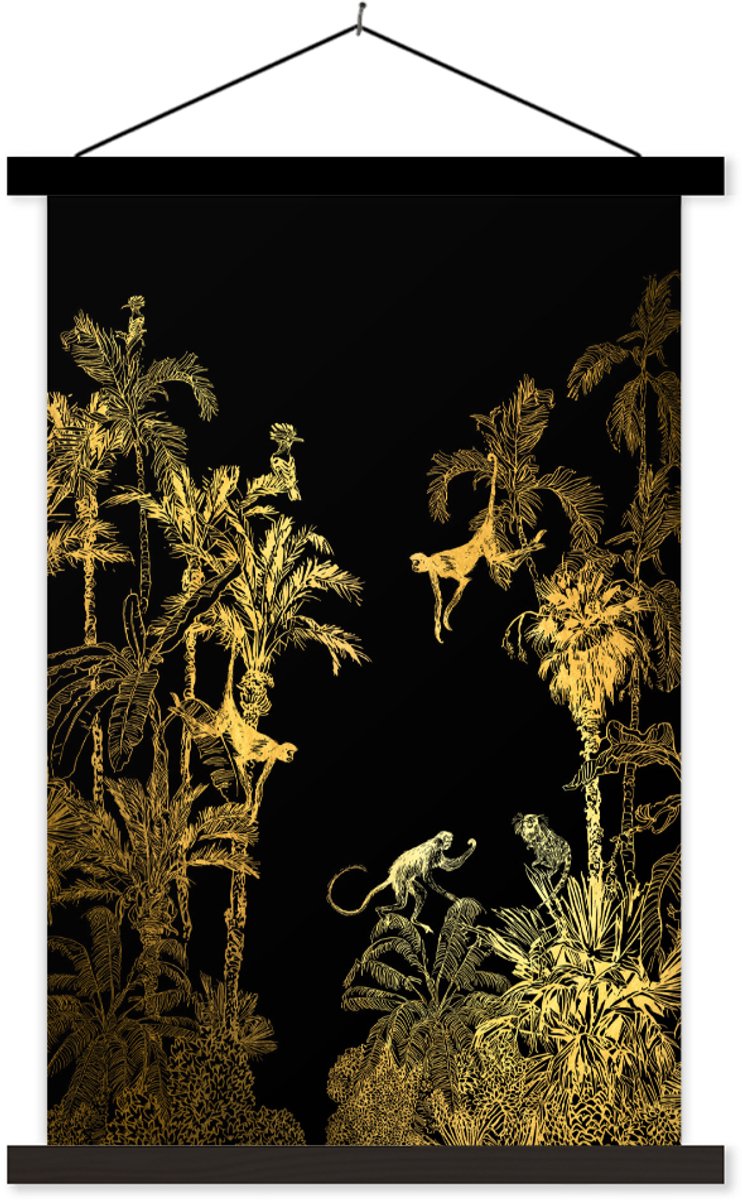 Posterhanger incl. Poster 60x90 cm - Schoolplaat - Jungle - Aap - Goud - Textielposter - Zwarte latten
