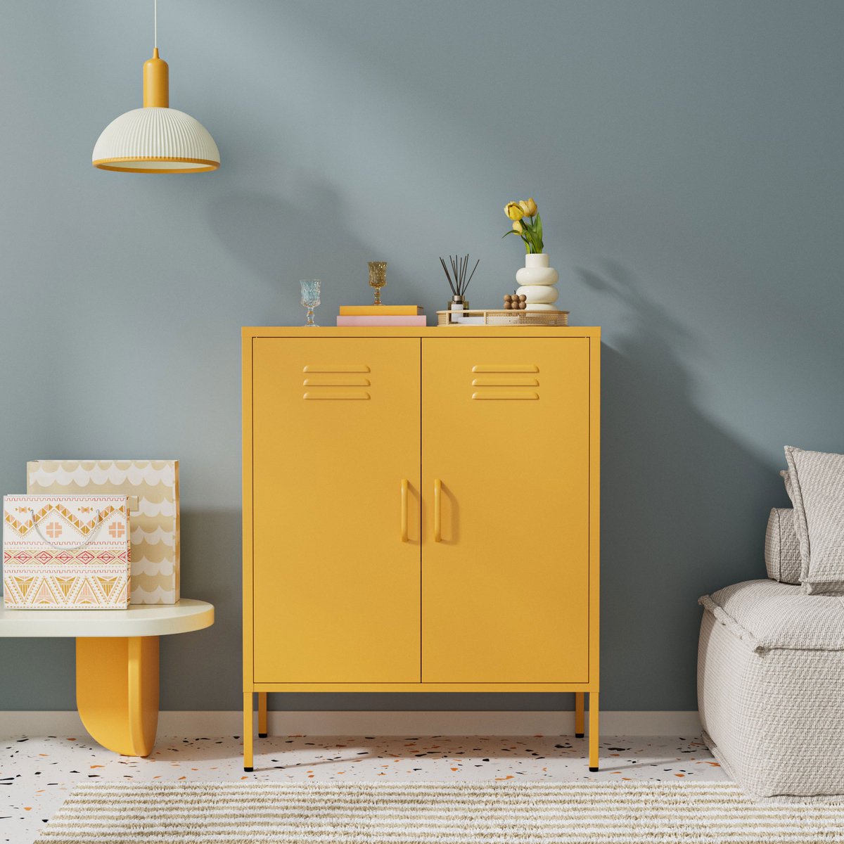 Lendo Online Dressoir - Lockerkast - Opbergkast - Kast industrieel - Industriële kast met verstelbare planken - Archiefkast - Metalen Kast - Kantoorkast - 80x40x100 cm (LxBxH) - Gepoedercoat staal - Metaal - Geel