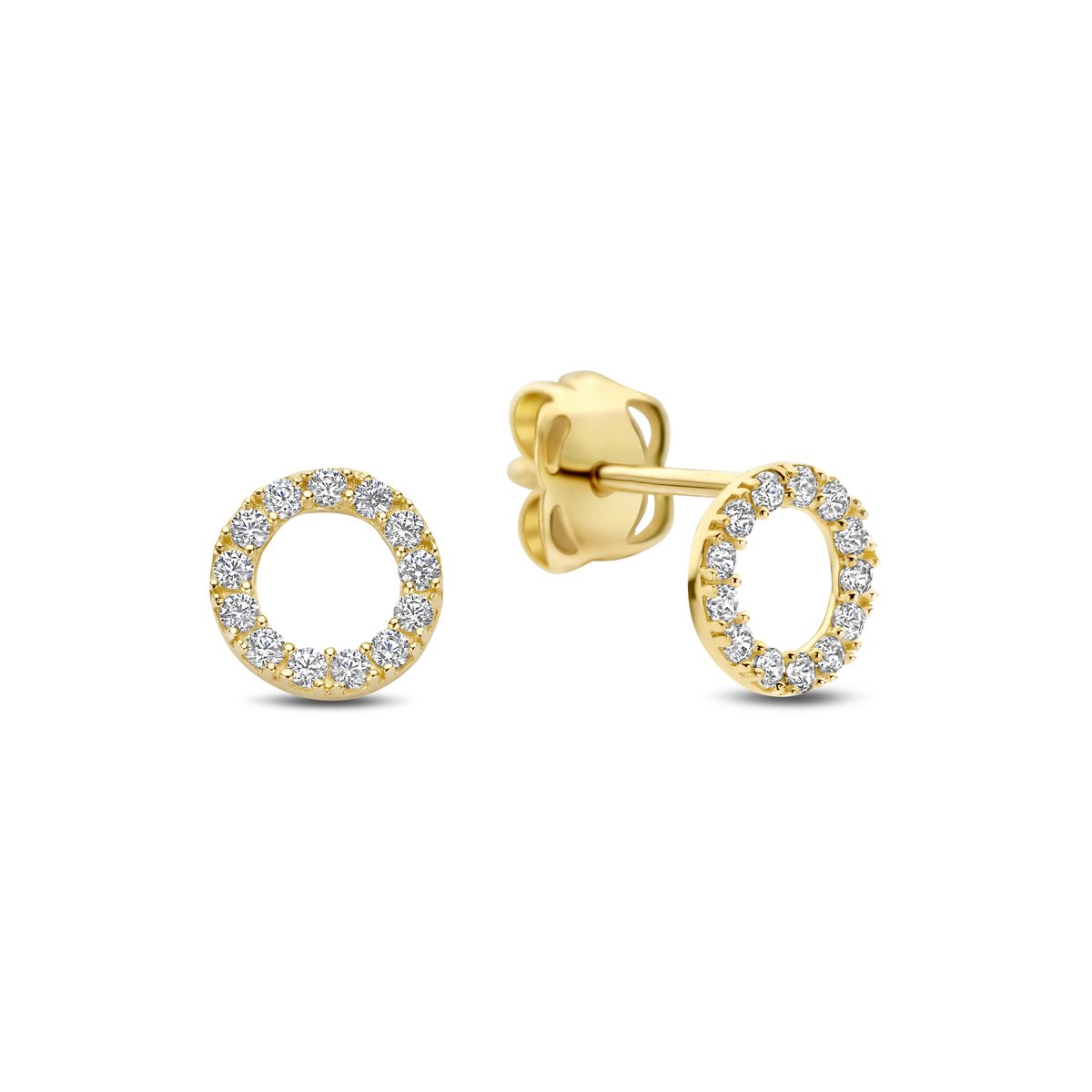 9NBG-1011 – New Bling – Oorbel cirkel met 16 zirkonia – 14kt geelgoud – 4 mm (diameter)