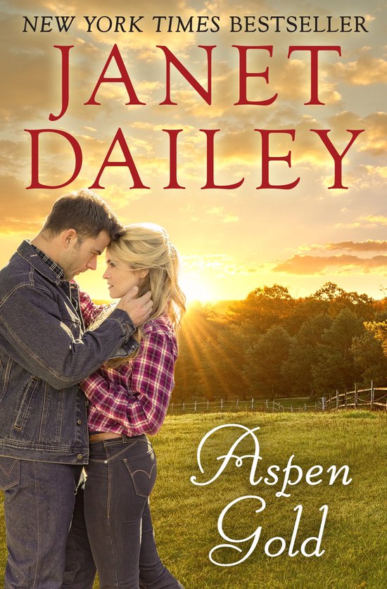 Nieuwe York Times bestseller 'Aspen Gold' door Janet Dailey, met een stel bij zonsondergang.