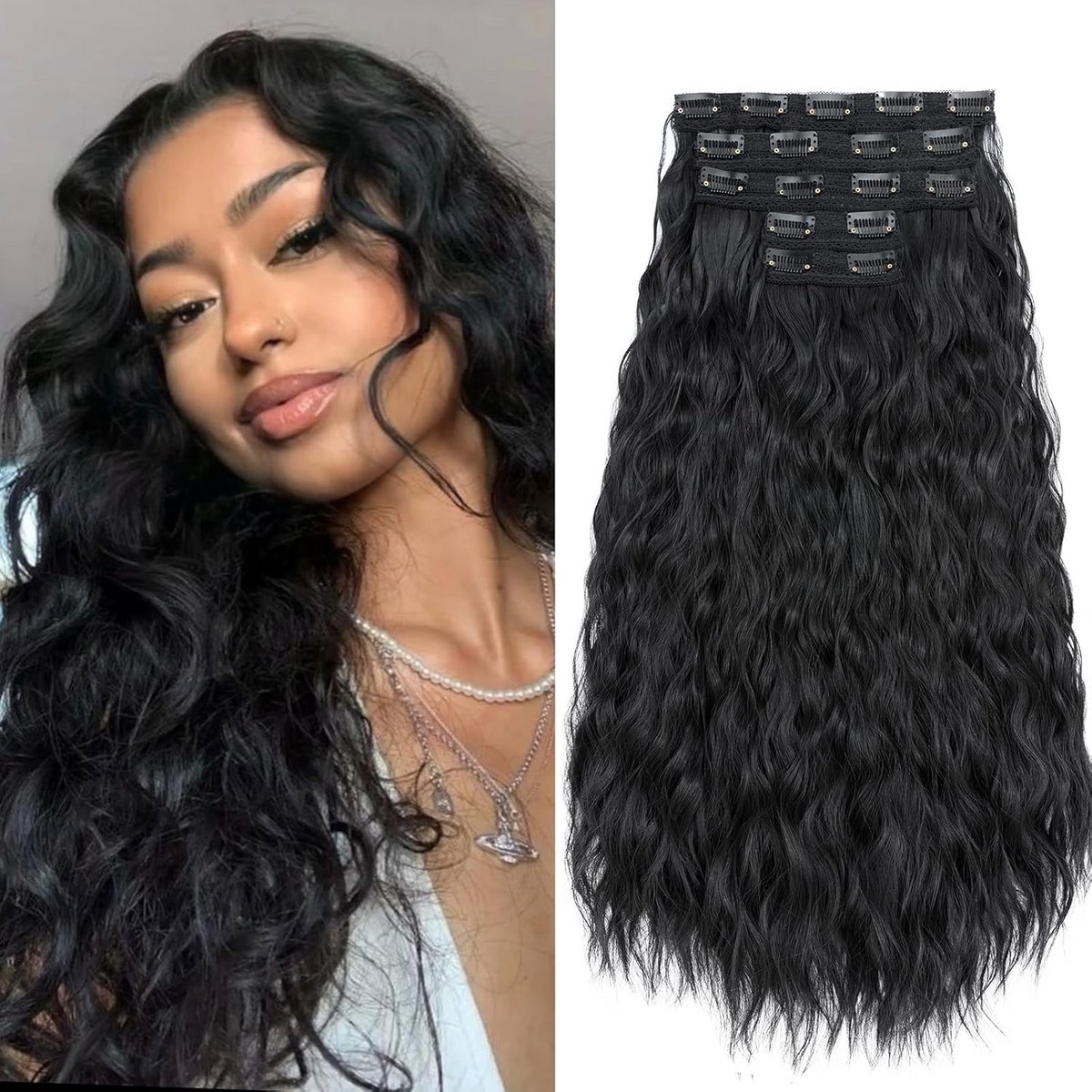 Clip-in Haarverlenging Krullend Zwart Lang Synthetisch 5 Delen