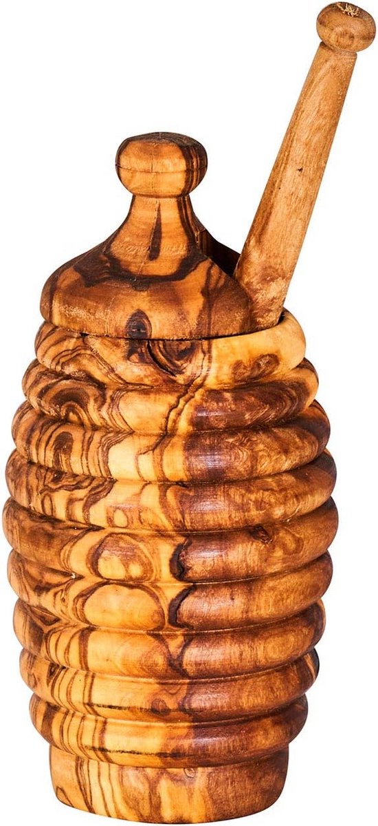 Honingpot van olijfhout met honingstok - Uniek en handgemaakt 14 cm