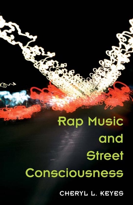 Boekomslag 'Rap Music and Street Consciousness' met abstracte lichtstrepen op een donkere achtergrond.