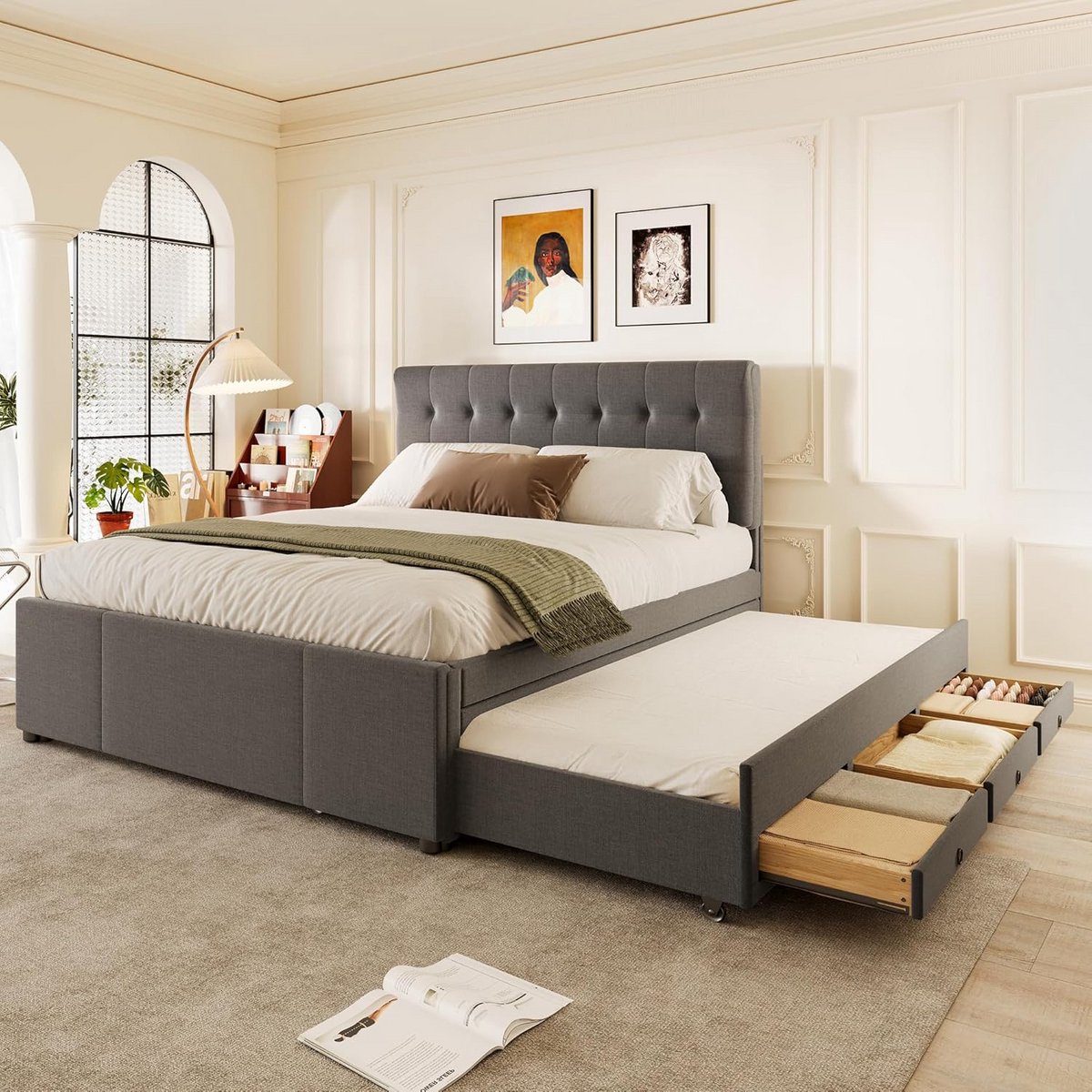 Gestoffeerd Tweepersoonsbed 140x200 cm met Uitschuifbaar Onderbed, 3 Lades en Lattenbodem - Grijs Logeerbed