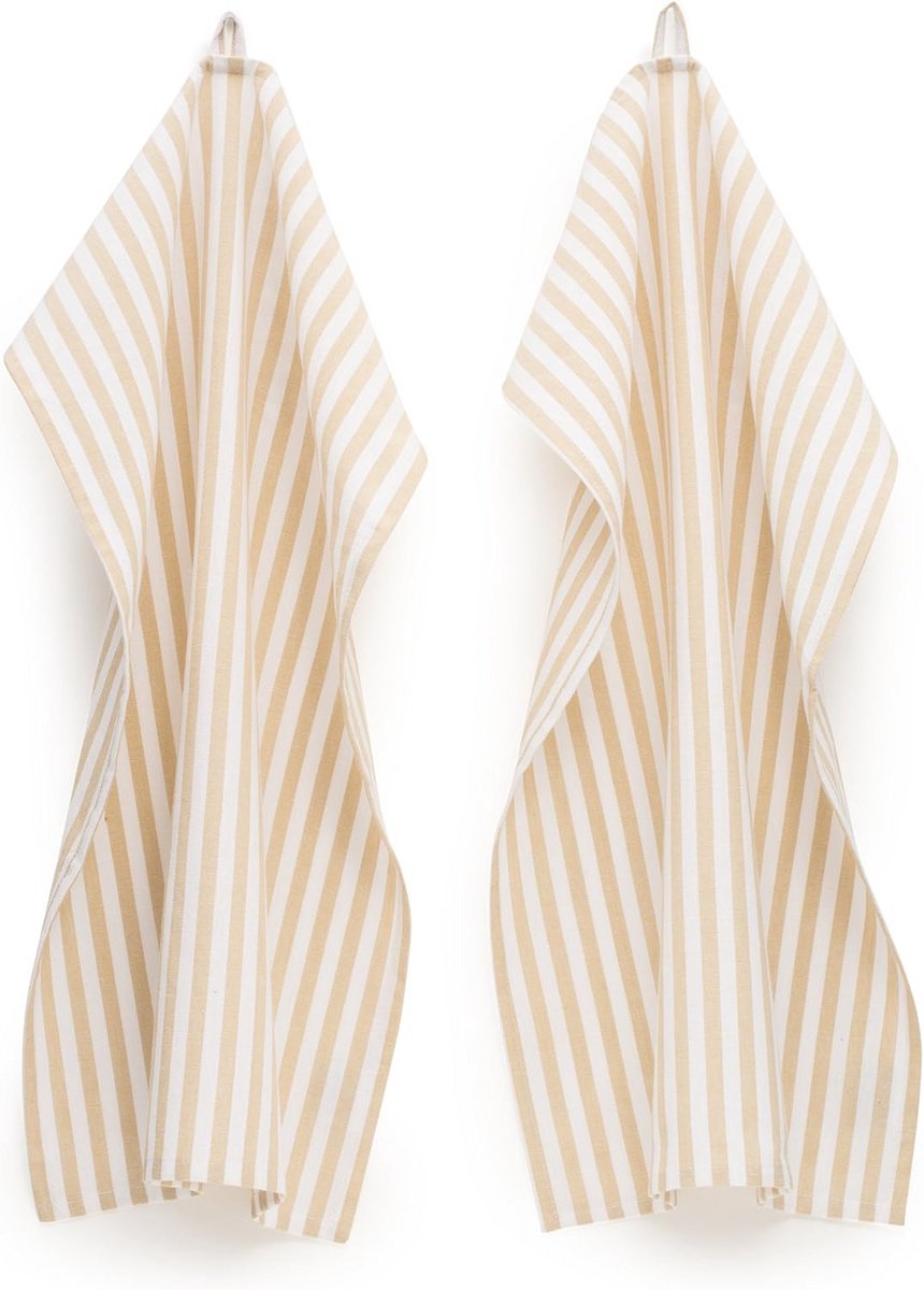 Set van 4 theedoeken beige wit gestreept katoen - Absorberende keukendoeken 45x70 cm