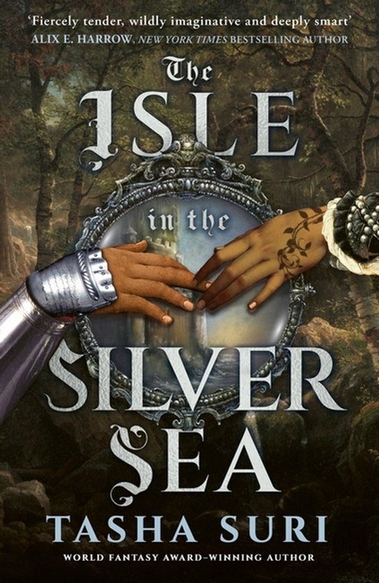 Boekcover The Isle in the Silver Sea met twee handen die elkaar aanraken in een spiegel.