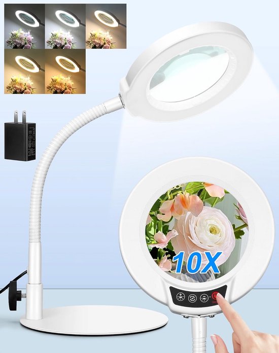 Vergrootglas met Licht en Standaard Tafelmodel - 10x Vergroting, Dimbaar, 5 Kleurmodi voor Hobby, Lezen en Detailwerk