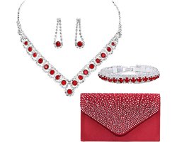 Avond clutch + 4-delige sieradenset (ketting, armband, oorbellen) – satijn met strass/zirkoon look – Bruiloft/galafeest – Kleur: Rood