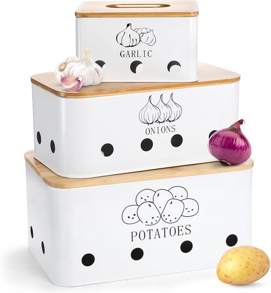 Lifewit Aardappelhouder, grote uienhouder met deksel en ventilatiegaten, stapelbare keukencontainers van kunststof, 24 cm (H), zwart, 3 stuks