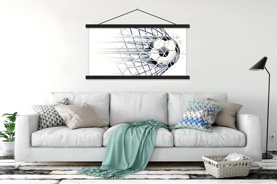 Porte-affiche avec affiche - Affiche scolaire - Une illustration d'un ballon de football entrant dans le but - Garçons - Filles - Kids - 150x75 cm - Lattes noires