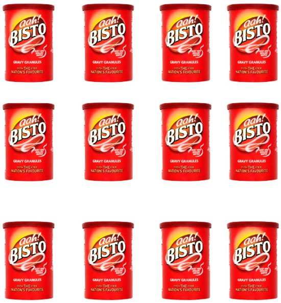 Twaalf blikken "aah! Bisto" runderjuskorrels, de favoriet van de natie.