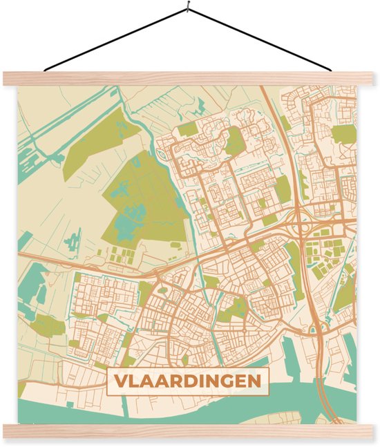 Porte-affiche inclus. Affiche 90x90 cm - Affiche scolaire - Plan de ville - Vlaardingen - Vintage - Affiche textile - Lattes vierges