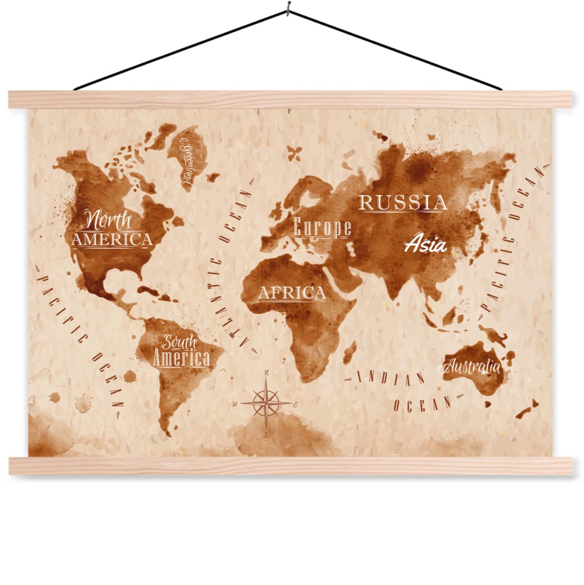 Posterhanger incl. Poster 60x40 cm - Schoolplaat - Wereldkaart - Verf - Bruin - Vintage - 