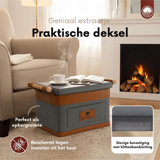 Grijze mand met bruine accenten en houten handvatten, met deksel, in een woonkamer. "Geniaal extraatje Praktische deksel".