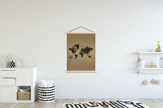 Décoration murale - Carte du Wereldkaart - Vintage - Boussole - Affiche scolaire - 120x160 cm