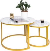 Casamoda Salontafel set van 2 - ø 70/50 cm - Hoogte 45/38 cm - Bijzettafel Rond - Salon tafel Industrieel - Tafelblad Hout - Wit Marmer