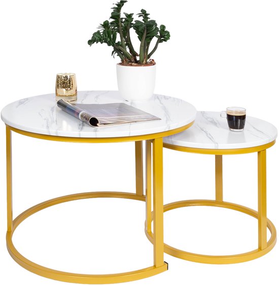 Ensemble de tables basses Casamoda set de 2 - ø 70/50 cm - Hauteur 45/38 cm - Table d'appoint ronde - Table de salon industrielle - Plateau de table en bois - Wit Marbre
