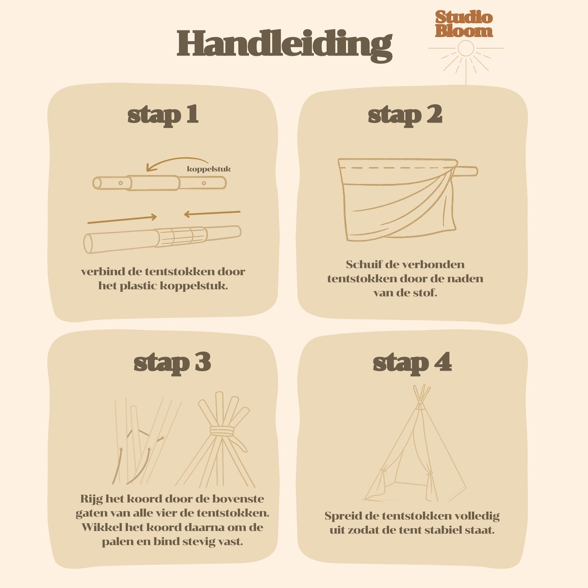 Studio Bloom Kinder Speeltent Tipi Tent Kinderen Meisjes Jongens Speelgoed Kindertent Kind Peuter Speelhuisje - Beige — afbeelding 7