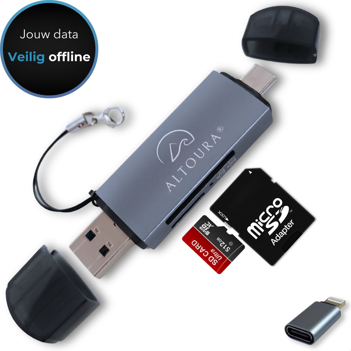 Altoura® 5-in-1 SD Kaart Lezer - 5 Gbps Kaartlezer - iPhone & iPad - SD / Micro SD / TF Card Reader - Geschikt voor Macbook / Windows / Telefoon & Tablet - Inclusief USB C naar Lightning converter